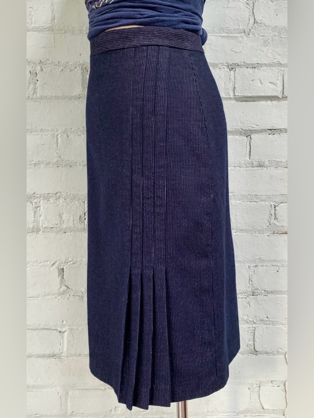 Navy Midi Pencil Skirt with Pleated Hem Detail and Pinstripes - Picture 5 of 8